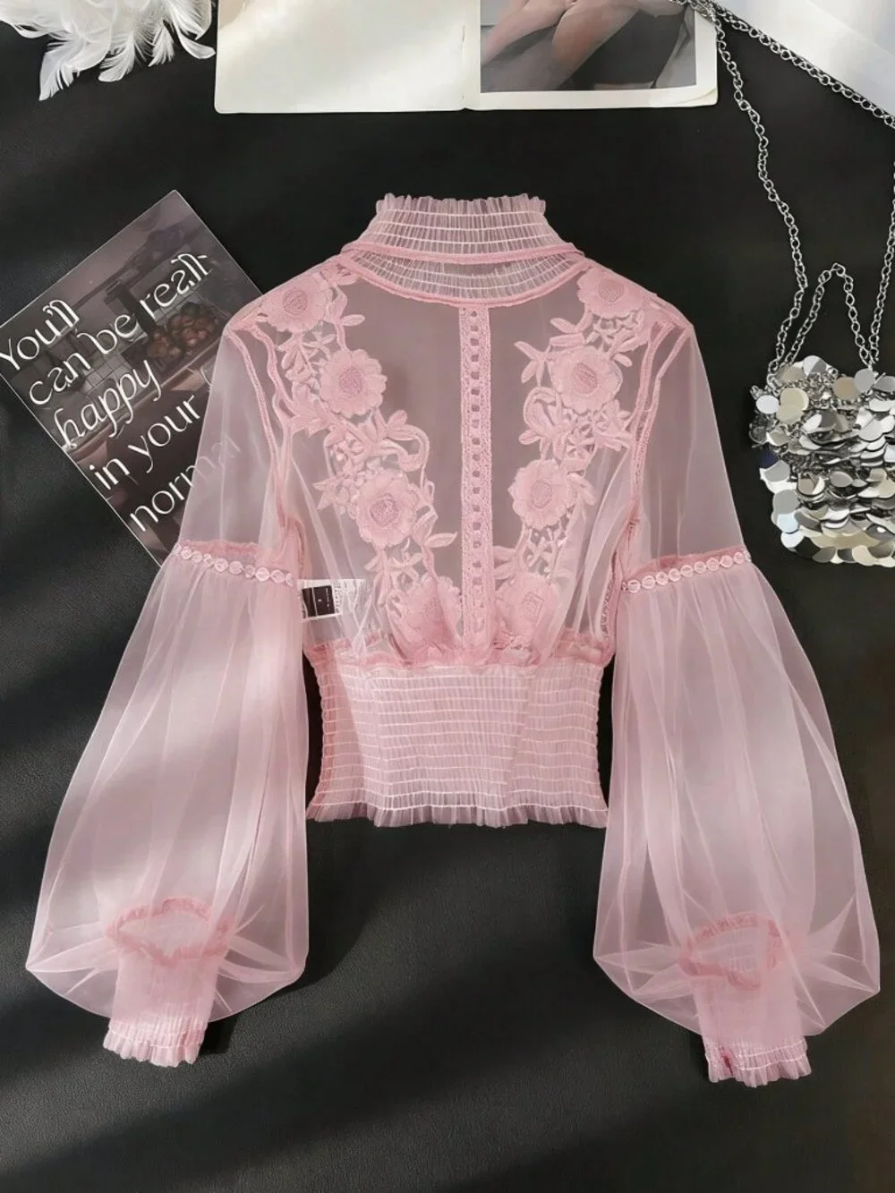 Pink Elegant Women's 3D Floral Patchwork Sheer Lantern Sleeve Cropped Top - Picture 6 of 6